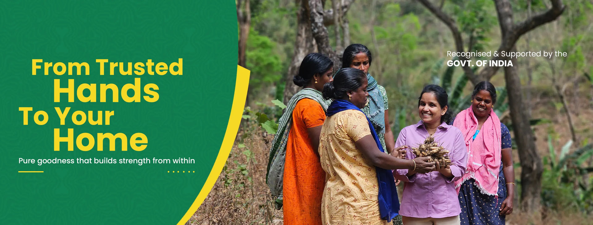 Geethas banner image - Group of women holding turmeric with a green banner and text about "From trusted hands To Your Home.