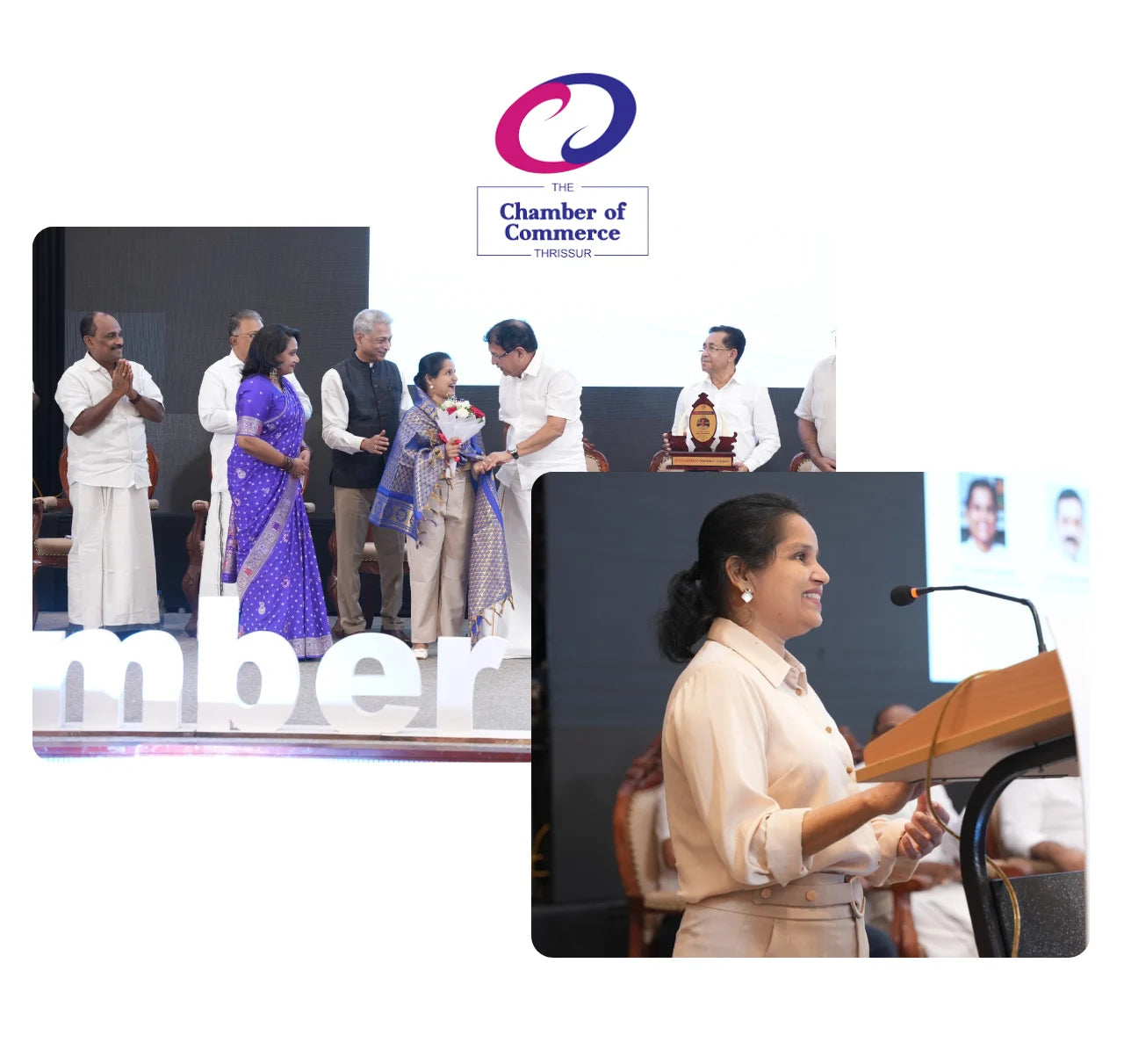 Geetha honoured with Best Woman Entrepreneur Award by Thrissur Chamber of commerce for her agri-food contribution.