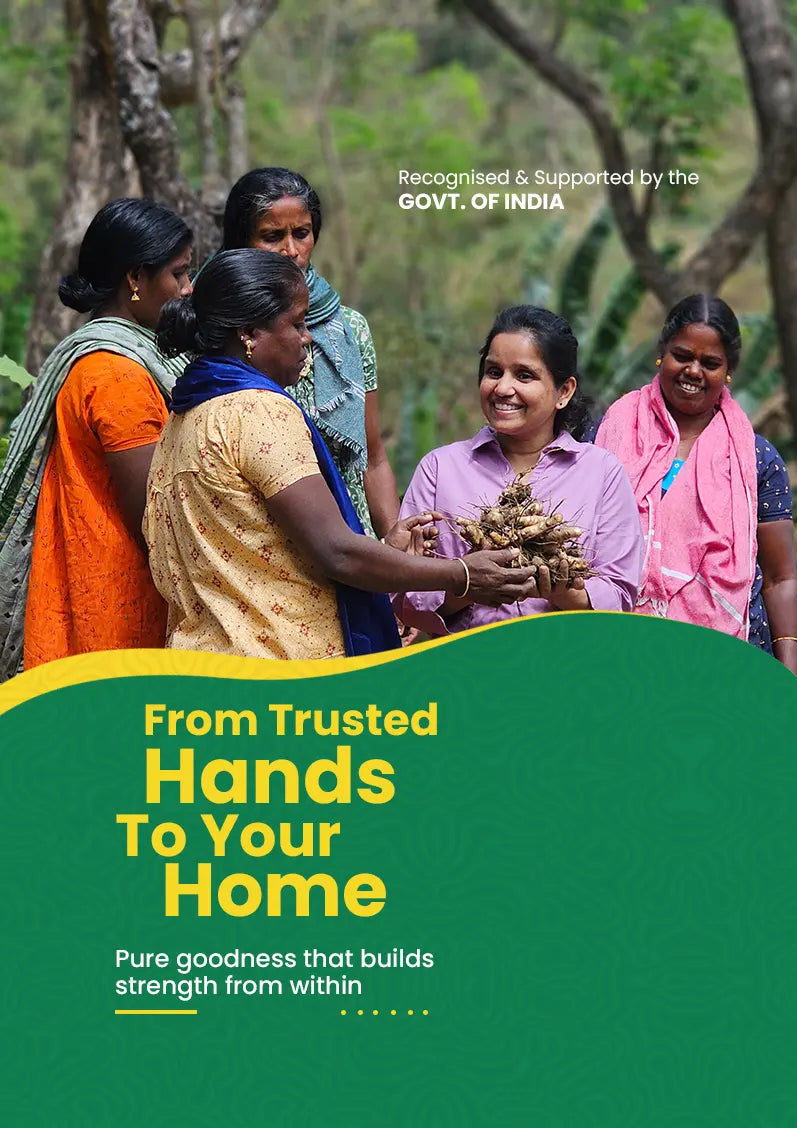 Geethas mobile banner image - Group of women holding Kasturi turmeric with a green banner and text about "From trusted hands To Your Home.