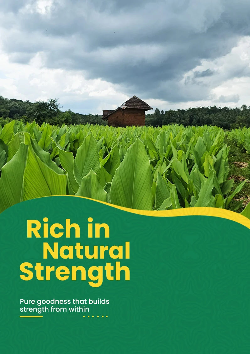 Geethas mobile banner image - Farm with a small building and lush greenery, featuring text about "Rich in Natural Strength".