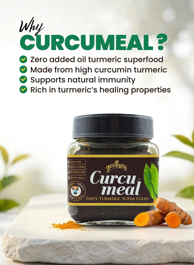 Jar of CurcuMeal with turmeric roots on a light background and explains why curcumeal?
