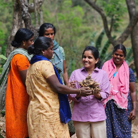 A group of women farmers standing in a turmeric field, with Geetha holding fresh turmeric roots